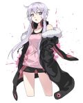  1girl bangs breasts camisole coat collarbone cropped_legs eyebrows_visible_through_hair fur_trim hair_between_eyes headphones headphones_around_neck lavender_hair long_hair looking_at_viewer low_twintails open_clothes open_coat open_mouth purple_hair ryuusei_(ryuuseiseikou) short_shorts shorts small_breasts solo suspenders twintails violet_eyes vocaloid voiceroid white_background yuzuki_yukari 