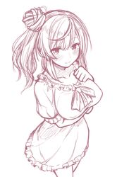  1girl bangs blush breasts closed_mouth collarbone cowboy_shot dress eyebrows_visible_through_hair frilled_dress frills hair_bun hand_on_own_chest large_breasts light_smile long_hair looking_at_viewer monochrome original ryuusei_(ryuuseiseikou) short_sleeves simple_background sketch smile solo wavy_hair 