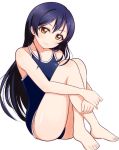  1girl bare_legs bare_shoulders barefoot blue_hair blue_swimsuit blush brown_eyes closed_mouth collarbone competition_swimsuit crossed_ankles head_tilt leg_up long_hair looking_at_viewer love_live! love_live!_school_idol_project one-piece_swimsuit simple_background smile solo sonoda_umi straight_hair swimsuit very_long_hair wewe white_background 
