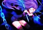  1girl artist_name black_dress black_gloves boots chains collar dress dyolf elbow_gloves facial_mark fate/stay_night fate_(series) fingerless_gloves forehead_mark gloves holding holding_weapon long_hair looking_at_viewer motion_lines nameless_dagger no_blindfold purple_hair rider short_dress sleeveless solo thigh-highs thigh_boots thighs very_long_hair weapon 