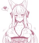  1girl 3: animal_ears bangs blush bow breasts closed_mouth collarbone eyebrows_visible_through_hair fox_ears fox_girl hair_bow hair_intakes hands_on_own_chest japanese_clothes kimono large_breasts long_hair looking_at_viewer original ryuusei_(ryuuseiseikou) simple_background sketch sleeveless sleeveless_kimono solo spoken_squiggle squiggle tamamo_(ryuusei) upper_body 