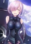  1girl absurdres armor armored_dress arms_behind_back breasts closed_eyes clouds commentary_request cowboy_shot day elbow_gloves fate/grand_order fate_(series) gloves hair_over_one_eye highres large_breasts nagiha_kuten open_mouth petals pink_hair shield shielder_(fate/grand_order) short_hair sky smile solo 