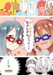  4girls :d adjusting_glasses ahoge bad_id bangs blunt_bangs blush brown_hair closed_eyes closed_mouth comic commentary_request cracked_glass dark_skin fang glasses grey_eyes grey_hair grin hair_between_eyes hand_on_own_cheek headdress kantai_collection kiyoshimo_(kantai_collection) libeccio_(kantai_collection) long_hair looking_at_viewer multiple_girls musashi_(kantai_collection) opaque_glasses open_mouth pince-nez pointy_hair roma_(kantai_collection) round_teeth short_hair short_hair_with_long_locks smile star tachikoma_(mousou_teikoku) teeth translation_request twintails two_side_up wavy_hair 