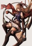  1girl apple arisa_(shadowverse) belt blonde_hair boots bow_(weapon) commentary_request elbow_gloves elf food fruit gloves green_eyes grey_background hair_ribbon highres holding holding_fruit holding_weapon inaba_sunimi long_hair pointy_ears ribbon shadowverse simple_background skirt solo sword thigh-highs thigh_boots weapon 