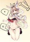  1girl alternate_costume animal_ears arm_up bikini blonde_hair blush breasts cleavage commentary fang hair_flaps harenchi heart jumping kantai_collection loafers long_hair looking_at_viewer medium_breasts micro_bikini navel red_eyes remodel_(kantai_collection) scarf shoes side-tie_bikini simple_background smile solo swimsuit wavy_mouth white_scarf yuudachi_(kantai_collection) 