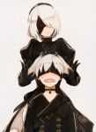  1boy 1girl black_dress black_gloves black_hairband blindfold blush covered_eyes dress gloves hairband juliet_sleeves long_sleeves mole mole_under_mouth nier_(series) nier_automata open_mouth puffy_sleeves short_hair silver_hair simple_background smile totteri yorha_no._2_type_b yorha_no._9_type_s 