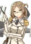  1girl black_necktie brown_hair double-breasted epaulettes folded_ponytail glasses gloves green_eyes kantai_collection katori_(kantai_collection) looking_at_viewer machinery military military_uniform necktie pallad riding_crop smile solo uniform white_gloves 