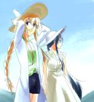  2girls alternate_hairstyle blonde_hair blue_hair blue_sky braid casual dress hands_on_headwear hat himemiya_chikane imotaberu kannazuki_no_miko kurusugawa_himeko long_hair low_ponytail multiple_girls outdoors ponytail profile single_braid sky sun_hat very_long_hair white_dress 