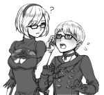  1boy 1girl ? aesice android black_clothes blush breasts buttons choker cleavage cleavage_cutout dress feather-trimmed_sleeves glasses gloves juliet_sleeves long_sleeves mole mole_under_mouth nier_(series) nier_automata open_mouth puffy_sleeves short_hair sketch strap surprised white_hair yorha_no._2_type_b yorha_no._9_type_s 
