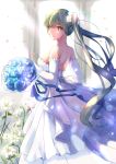  1girl bouquet dress elbow_gloves flower from_side gloves green_hair hatsune_miku highres long_hair mou_zhi_pingguo solo very_long_hair vocaloid wedding_dress white_gloves yellow_eyes 