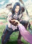  1boy arrow bird blue_hair boots bow_(weapon) brown_eyes brown_gloves company_name cravat day fire_emblem fire_emblem:_kakusei fire_emblem_cipher full_body glint gloves grass kneeling long_hair long_sleeves male_focus mountain official_art one_eye_closed outdoors parted_lips petals pov pov_hands quiver shin_guards shirt sky smile spaulders striped striped_shirt teeth viole_(fire_emblem) watermark weapon yamada_koutarou 