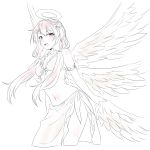  1girl angel_wings armlet bangs bikini braid breasts cropped_legs crown_braid eyebrows_visible_through_hair feathered_wings frilled_bikini frills front-tie_bikini front-tie_top hair_ornament hairclip halo lineart long_hair looking_at_viewer low_twintails multiple_wings navel open_mouth ryuusei_(ryuuseiseikou) sarong simple_background small_breasts smile solo swimsuit teeth twintails vocaloid voiceroid wings yuzuki_yukari 