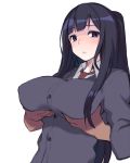 1girl bangs black_hair blue_eyes blunt_bangs blush breast_squeeze breasts brown_necktie cardigan closed_mouth collared_shirt eyebrows_visible_through_hair grabbing grabbing_from_behind groping large_breasts long_hair looking_at_viewer necktie original ryuusei_(ryuuseiseikou) school_uniform shirt simple_background solo upper_body white_background white_shirt 