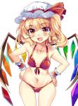  1girl bat_wings bikini blonde_hair breasts cowboy_shot crystal e.o. fang flandre_scarlet frilled_bikini frills front-tie_top hands_on_hips hat highres leaning_forward looking_at_viewer mob_cap red_bikini red_eyes short_hair side_ponytail small_breasts solo standing swimsuit thigh_gap touhou wings wrist_cuffs 