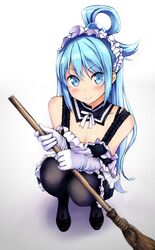  1girl aqua_(konosuba) blue_eyes blue_hair blush breasts collarbone detached_collar dress dress_lift full_body gloves highres kono_subarashii_sekai_ni_shukufuku_wo! kuro_neko_(yxmikan) large_breasts long_hair looking_at_viewer maid maid_headdress shoes simple_background solo standing thigh-highs 