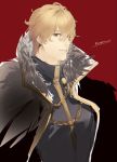  1boy armor artist_request blonde_hair fate/extra fate/grand_order fate_(series) gawain_(fate/extra) highres looking_at_viewer male_focus red_background short_hair smile solo translation_request 