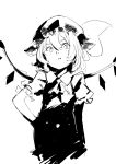  1girl absurdres bangs commentary_request crystal flandre_scarlet frilled_sleeves frills greyscale hair_between_eyes hat highres looking_at_viewer mob_cap monochrome pikumin puffy_short_sleeves puffy_sleeves short_hair short_sleeves solo touhou wings 