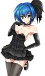  1girl bare_shoulders black_dress black_gloves black_hair blue_hair breasts choker cleavage collarbone dress elbow_gloves erect_nipples finger_to_mouth gloves hair_ornament high_school_dxd highres index_finger_raised large_breasts looking_at_viewer one_leg_raised shiny shiny_skin short_dress short_hair sleeveless sleeveless_dress smile solo strapless strapless_dress thigh-highs transparent_background xenovia_(high_school_dxd) yellow_eyes zettai_ryouiki 