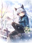  1girl akashio_(loli_ace) animal_ears bangs bare_tree black_bow black_bowtie black_legwear black_shoes black_skirt bouquet bow bowtie breasts breath crotch_seam day flower fox_ears fur_trim graveyard highres kemono_friends long_hair looking_at_viewer medium_breasts outdoors parted_lips pocket red_eyes shoes silver_fox_(kemono_friends) silver_hair sitting skirt snow snowing solo sparkle thigh-highs tombstone tree uniform very_long_hair winter 