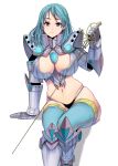  1girl armor bikini_armor blue_eyes blue_hair blue_legwear breasts hair_ornament hairclip highres invisible_chair large_breasts looking_at_viewer masao navel original rapier ship simple_background sitting skindentation solo sword thigh-highs thighs watercraft weapon white_background 