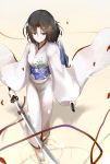  barefoot fate_(series) highres japanese_clothes kara_no_kyoukai katana kimono light_smile obi petals ribbon ryougi_shiki sash sheath shirokuma1414 smile sword type-moon walking weapon white_kimono 