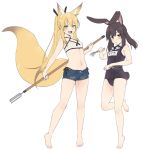  2girls :d :o animal_ears bangs bare_legs barefoot bikini black_hair black_ribbon blonde_hair blue_swimsuit blush breasts bunny_girl bunny_tail character_name criss-cross_halter denim denim_shorts dual_wielding eyebrows_visible_through_hair fang fork fox_ears fox_tail full_body goggles goggles_around_neck green_eyes hair_between_eyes hair_ribbon halter_top halterneck holding holding_fork inari_(ryuusei) legs legs_apart long_hair looking_at_viewer midriff multiple_girls name_tag navel open_clothes open_mouth open_shorts original parted_lips polearm ponytail rabbit_ears red_eyes ribbon ryuusei_(ryuuseiseikou) school_swimsuit short_shorts shorts side-tie_bikini sidelocks simple_background small_breasts smile standing standing_on_one_leg swimsuit tail tamakagura_inari trident tsukune_(ryuusei) twintails weapon white_background white_bikini 