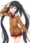  1girl absurdres amano_kouki black_hair cardigan highres long_hair looking_at_viewer note-chan one_eye_closed open_mouth original salute school_uniform simple_background smile solo twintails very_long_hair violet_eyes white_background 