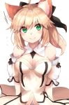  1girl absurdres ahoge animal_ears arms_at_sides bangs black_bow blonde_hair blush bow breasts cleavage closed_mouth detached_collar detached_sleeves dress eyebrows_visible_through_hair fate/grand_order fate/unlimited_codes fate_(series) flying_sweatdrops fox_ears green_eyes hair_between_eyes hair_bow highres looking_at_viewer medium_breasts ponytail ranf saber saber_lily sidelocks simple_background smile solo upper_body white_background white_dress 