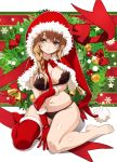  1girl bangs barefoot bell black_bra black_panties blush bow bra braid breasts brown_eyes brown_hair christmas christmas_ornaments christmas_tree closed_mouth commentary_request eyebrows_visible_through_hair eyes_visible_through_hair fur-trimmed_capelet fur-trimmed_gloves fur-trimmed_legwear fur_trim gloves highres jingle_bell long_hair medium_breasts navel nyoronyoro original panties red_bow red_capelet red_gloves red_legwear red_neckwear santa_costume single_thighhigh sitting snowflakes solo thigh-highs underwear wariza white_bow 