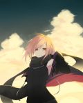  1girl black_scarf blonde_hair breasts camisole clouds cloudy_sky day detached_sleeves fhang hair_between_eyes highres looking_at_viewer original outdoors parted_lips red_eyes scarf sky small_breasts smile solo teeth upper_body 