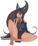  1girl animal_ears bangs barefoot black_hair breasts detached_sleeves eyebrows_visible_through_hair fangs finger_licking fox_ears fox_girl fox_tail full_body hair_between_eyes hand_up japanese_clothes legs_apart licking long_hair looking_at_viewer open_mouth original pelvic_curtain ryuusei_(ryuuseiseikou) simple_background sitting small_breasts solo tail tamakagura_tatari tan tongue very_long_hair white_background yellow_eyes 