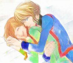  2girls anna_(frozen) blonde_hair blue_eyes closed_eyes couple elsa_(frozen) frozen_(disney) hand_holding happy hug hug_from_behind incest itsuki_(itsukiovo) lying multiple_girls on_side orange_hair siblings sisters smile yuri 