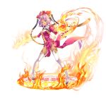  1girl absurdres blue_eyes breasts center_opening cleavage dark_skin dress fighting_stance fire flower hat highres hikage_eiji koihime_musou magic magic_circle navel official_art open_mouth outstretched_arms pink_hair shoes short_hair solo sonken sword thigh-highs thighs weapon white_legwear wind wind_lift zettai_ryouiki 