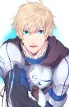  1boy ahoge armor blonde_hair blue_eyes cape fate/grand_order fate/prototype fate_(series) gauntlets male_focus open_mouth saber_(fate/prototype) short_hair simple_background smile white_background 