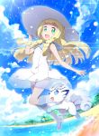  1girl akata_itsuki alolan_vulpix bangs beach blonde_hair blue_ribbon blue_shoes blunt_bangs blurry braid collared_dress depth_of_field dress full_body green_eyes hat hat_ribbon highres jumping kneehighs light_particles lillie_(pokemon) long_hair looking_at_viewer ocean palm_tree pokemon pokemon_(creature) pokemon_(game) pokemon_sm ribbon shoes sleeveless sleeveless_dress splashing sun_hat sundress tree twin_braids vulpix water white_dress white_hat white_legwear 