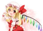  1girl ascot asymmetrical_hair blonde_hair blush bow commentary_request crystal fang flandre_scarlet frilled_skirt frills hat hat_bow heart mob_cap open_mouth puffy_short_sleeves puffy_sleeves rainbow_order red_bow red_eyes short_sleeves side_ponytail skirt smile solo suwa_yasai touhou v wings wrist_cuffs 