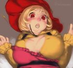  1girl aki_minoriko apron apron_pull bangs blonde_hair blush breasts brown_background bursting_breasts buttons commentary_request erect_nipples frilled_apron frilled_sleeves frills from_below gengoroumaru_(ambidextrous) hands_up hat large_breasts motion_blur nose_blush open_clothes open_mouth open_shirt popped_button puffy_cheeks red_eyes red_hat ribbon shirt simple_background solo surprised teeth touhou twitter_username upper_body wardrobe_malfunction yellow_shirt 