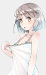  1girl arms_at_sides bangs blush breasts brown_eyes comah dress dress_pull from_side grey_background hair_ornament hairclip hand_up looking_at_viewer muted_color open_mouth original short_hair silver_hair simple_background small_breasts solo sundress swept_bangs upper_body 