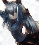  1girl :o animal_ears arms_behind_head arms_up bangs black_bow black_necktie black_shirt bow bowtie breasts brown_gloves brown_skirt buttons dress_shirt eyebrows_visible_through_hair fox_ears fur-trimmed_sleeves fur_trim gloves grey_bow grey_bowtie grey_hair grey_jacket hair_between_eyes hands_in_hair highres jacket kemono_friends kusakanmuri long_hair long_sleeves looking_away medium_breasts miniskirt necktie open_mouth pleated_skirt pocket shirt silver_fox_(kemono_friends) silver_hair skirt small_breasts solo standing upper_body very_long_hair yellow_eyes 