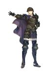  1boy absurdres armor armored_boots berkut_(fire_emblem) boots brown_hair cape fire_emblem fire_emblem_echoes:_mou_hitori_no_eiyuuou full_body fur_trim gloves hidari_(left_side) highres male_focus official_art open_mouth simple_background solo teeth white_background 