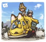  2girls animal_ears aozakana_zabaano bare_shoulders black_hair blonde_hair bow bowtie bucket_hat cactus clouds driving elbow_gloves eyebrows_visible_through_hair gloves grass ground_vehicle hat hat_feather japari_bus japari_symbol kaban kemono_friends lucky_beast_(kemono_friends) motor_vehicle multiple_girls one_eye_closed open_mouth rock serval_(kemono_friends) serval_ears serval_print serval_tail shirt short_hair sky smile tail 