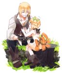  1girl adjusting_clothes black_choker black_gloves blonde_hair blue_eyes boots brother_and_sister brown_boots child closed_eyes collarbone dress edna_(tales) eizen_(tales) flying_sweatdrops gloves gotou_(pixiv37128) grass hairband ribbon short_hair siblings side_ponytail sitting smile tales_of_(series) tales_of_berseria tales_of_zestiria white_background younger 