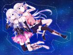  2girls ahoge braid cevio hair_ornament highres ia_(vocaloid) long_hair looking_at_viewer multiple_girls one_(cevio) short_hair single_braid single_thighhigh sky sotsunaku star_(sky) thigh-highs twin_braids vocaloid 