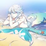  1boy circlet fish_tail hair_between_eyes highres long_hair looking_at_viewer lying merman mikleo_(tales) monster_boy on_stomach sand signature solo tail tales_of_(series) tales_of_zestiria zehel_az 