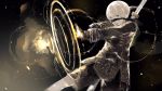  1boy android black_background blindfold blindfold_slip blue_eyes gloves highres male_focus nier_(series) nier_automata open_mouth pale_skin patterned_clothing short_hair shorts solo sword weapon white_hair yorha_no._9_type_s 