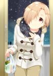  absurdres alternate_costume bag blonde_hair blush casual coat ear_piercing earrings hair_over_one_eye hand_on_own_chest highres idolmaster idolmaster_cinderella_girls jewelry looking_at_viewer piercing red_eyes ring scarf shirasaka_koume shopping_bag short_hair smile snow takesyun 