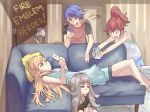  2boys 3girls alfonse_(fire_emblem) anna_(fire_emblem) artist_name blonde_hair blue_eyes blue_hair brown_eyes casual cellphone commentary_request contemporary couch fire_emblem fire_emblem_heroes ghi_yas gradient_hair green_eyes grey_hair holding holding_phone long_hair lying multicolored_hair multiple_boys multiple_girls mysterious_man_(fire_emblem) on_back on_floor open_mouth phone pink_hair ponytail redhead sharena shirt shorts signature sitting smartphone standing sweatdrop t-shirt tank_top veronica_(fire_emblem) white_hair 