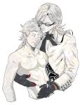 2boys adam_(nier_automata) artist_name asaki_(room#102) closed_eyes collarbone collared_shirt dated eve_(nier_automata) glasses gloves long_hair male_focus multiple_boys muscle navel nier_(series) nier_automata pale_skin parted_lips shirt short_hair siblings smile tattoo topless white_background white_hair 