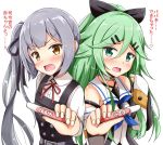  2girls aikawa_ryou blush breasts brown_eyes green_eyes green_hair grey_hair hair_ribbon highres kantai_collection kasumi_(kantai_collection) long_hair looking_at_viewer military military_uniform multiple_girls open_mouth pregnancy_test ribbon school_uniform side_ponytail translation_request uniform yamakaze_(kantai_collection) 