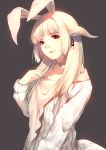  1girl animal_ears bangs blonde_hair blunt_bangs caidychen character_request closed_mouth earrings final_fantasy final_fantasy_xiv grey_background highres jewelry long_hair long_sleeves looking_at_viewer platinum_blonde rabbit_ears red_eyes red_lips simple_background solo sweater white_sweater 